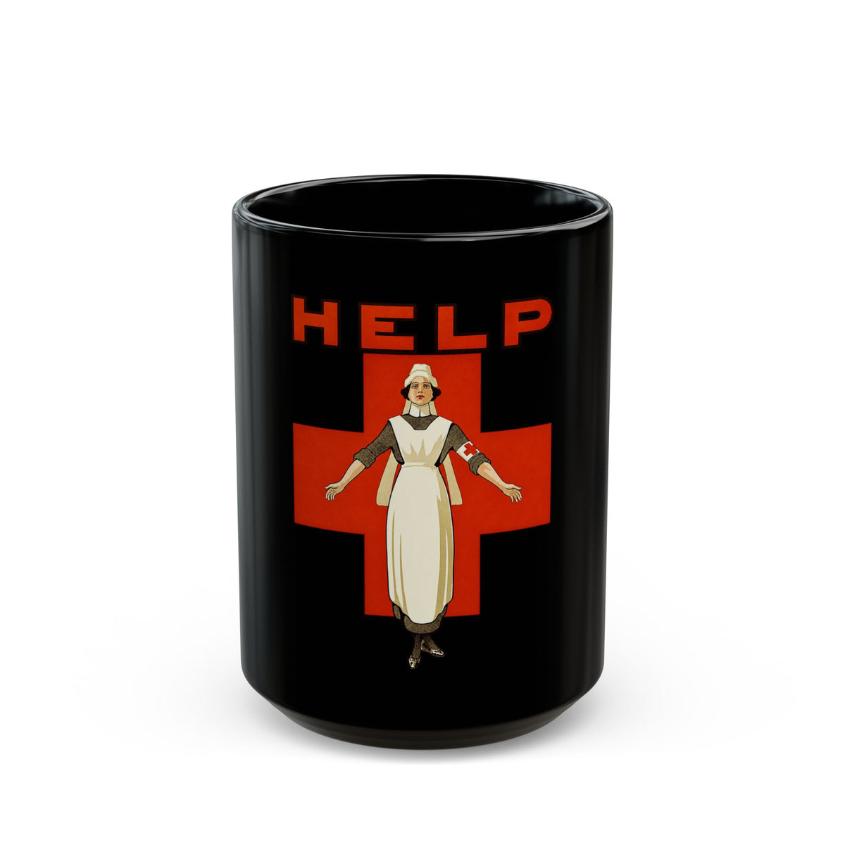 HELP Nurse Red Cross Black Mug