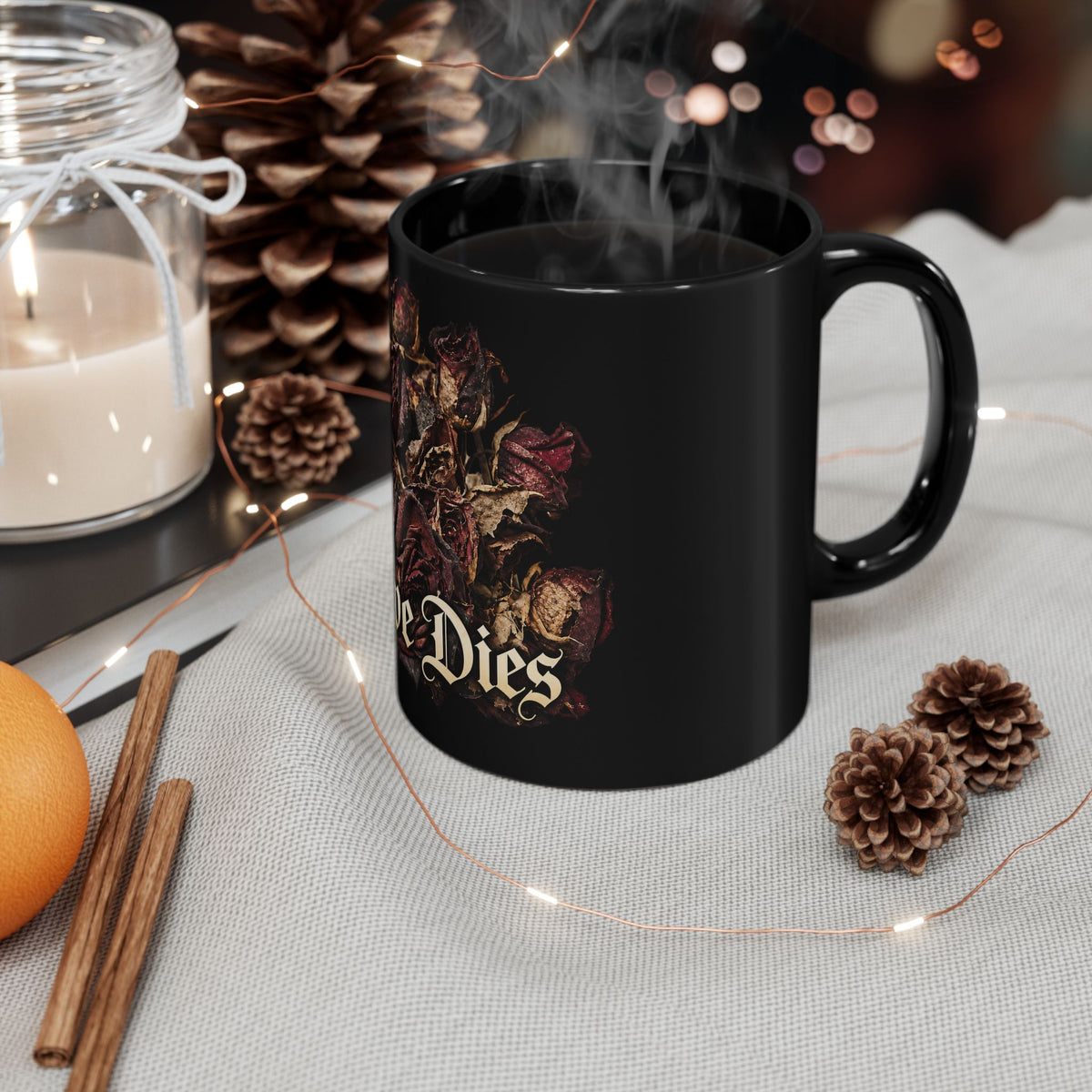 Love Dies Gothic Black Mug with Dark Rose Design